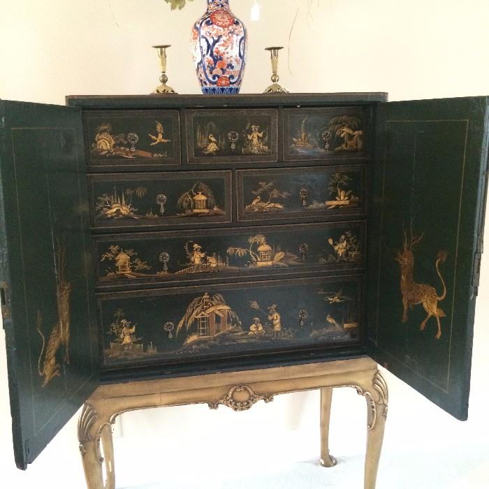 Seven-drawer Asian black-lacquered storage cabinet