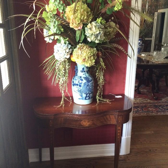 Blue & white porcelain vase with hydrangea floral arrangement