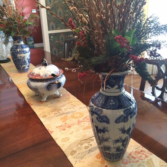 Lovely antique tureen; blue & white pair of vases; silk runner