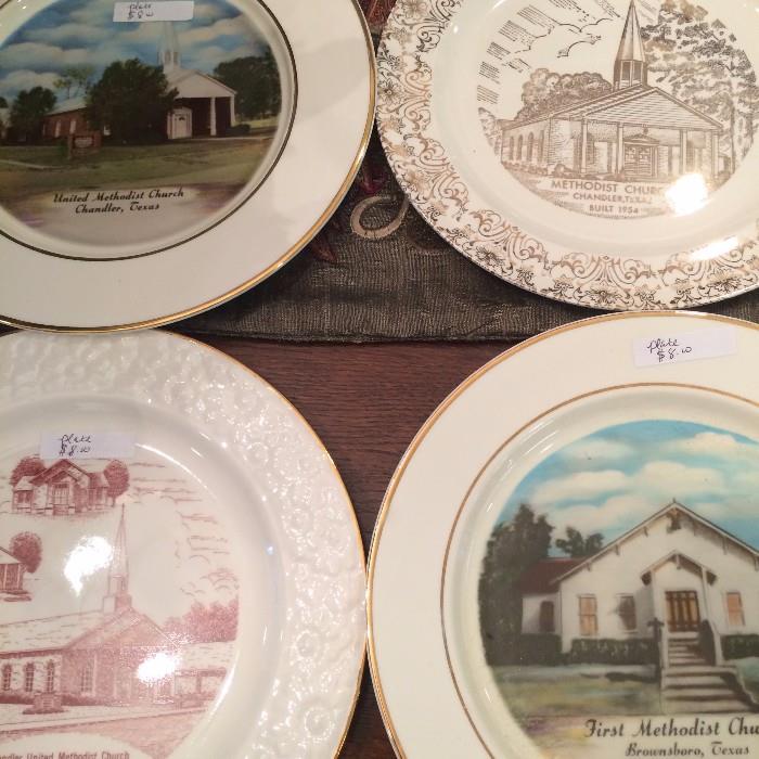 Plates representing historic churches of East Texas