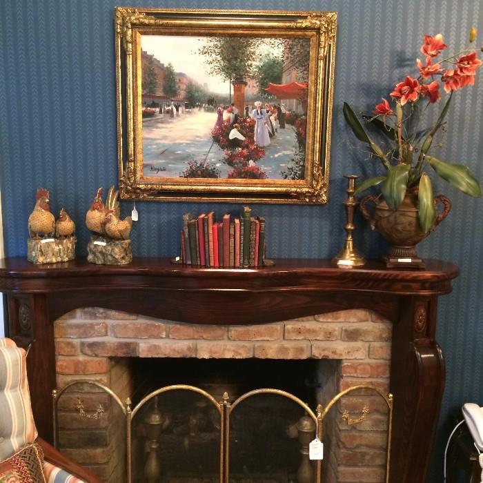 Framed art; pair of chickens/hens; antique books, floral arrangement; brass fire screen