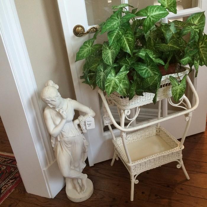 Statue of a lady; white wicker 2-tier planter