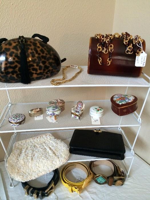 Hinged box collection; lovely handbags & belts