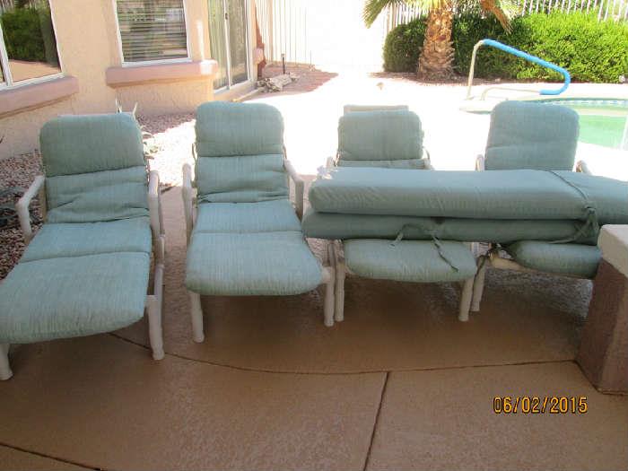 Real comfy chairs with cushions.  Two extremely comfy chaise cushions sold separately