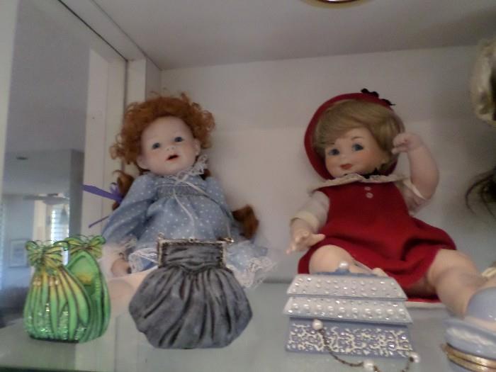 Handmade and hand painted dolls, miniature handbag collection