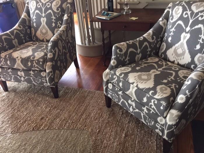 Ikat chairs, Seagrass rug & Antique tavern table 