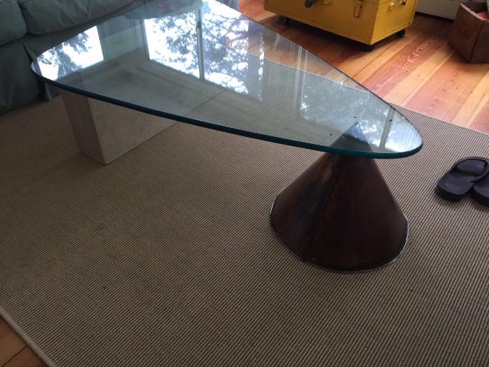 Unique coffee table.  Glass, Stone & Copper 
