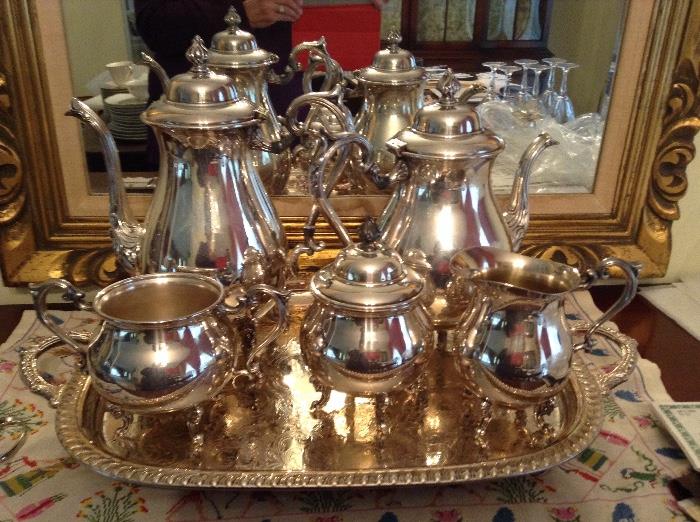 Vintage 5-piece silver plated tea set with tray, excellent condition.
