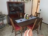 Dining table and 4 chairs, Bassett. Red wood china cabinet, oriental.