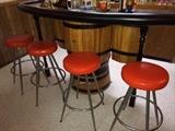 Barrel bar - so cool - and 4 red bar stools.