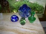 Assorted art glass including lovely green perfume bottle