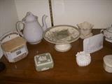 Wedgwood box, Lladro store display sign, antique ironstone, baking soda hanging box, etc.