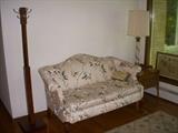 Loveseat, coat tree, lamp table & lamp