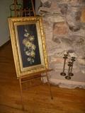 Oak easel with antique (unsigned) painting of waterlilies in gilt gesso frame