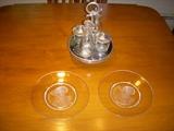 Condiment set in aluminum frame.  Plates are by Val St. Lambert (Belgium) and depict Rubens