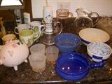 Assorted china & glass.  Note the 'hobnail' piggy bank....
