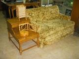 One of a pair of vintage loveseats, Maple step table