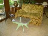 The other loveseat (as found....paint stain on cushion),  Antique marble top table cut down and painted, etc.