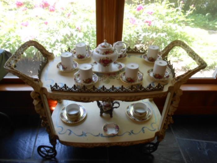 tea cart, with Royal Albert's Old Country Rose pattern tea service setting