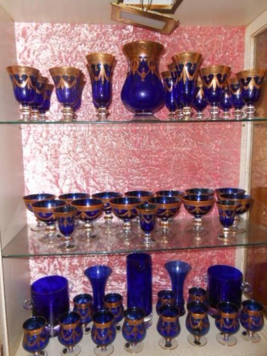  Medici pattern in cobalt blue  by Crystallerie, water goblets, champaign sherbets, wine goblets 