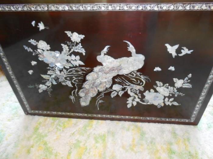 Table with Imperial pheasants, butterflies, florals in sea shells, MOP and abalone