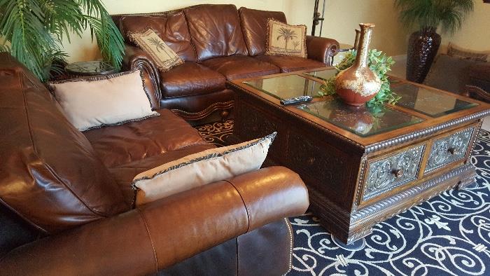 Bradington Young Leather living room set - Large Maitland Smith Coffee Table 