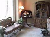 NICE WOOD LOVE-SEAT AND ENTRY  FOLDING HALF- TABLE---2 SMALL LIGHTED DISPLAY HUTCHES