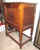 Drop Front Oak Smoking Cabinet - Has Scallop Edge on Top with nice inlay on front 

