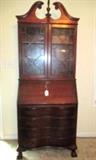 Mid Century Bow Front Flame Mahogany Drop Front Secretary 