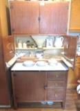 English Easywork Hoosier with Slide Out Enamel Counter Top - Has original flour dispenser, cookbook holder & original paperwork on inside of cabinet doors 