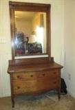 Antique Bow Front Oak Dresser with Tilting Mirror in Heavy Oak Frame on Casters 