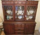 1960's 2 pcs. Maple China Cabinet with Glass Front with Gold Diamond Design - 3 Wood Shelves with Plate Grooves 