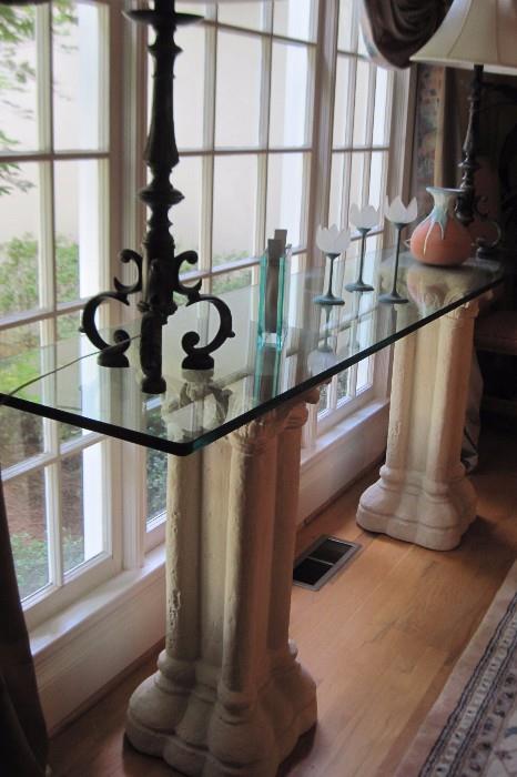glass top and columns, lamps