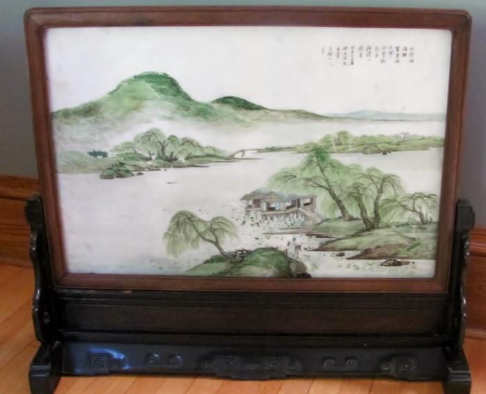 Large Chinese  Plaque on Marble, Signed