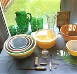 Vintage Anchor Hocking Green & White Polka Dot Pitcher ,Vintage Pyrex Nesting Bowl Set, Peach Luster bowl, and other vintage Pyrex