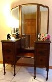Antique Vanity Dressing Table with Tri-Mirror, 6 Drawers