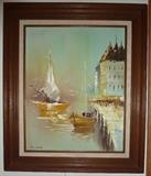 Framed Canvas Oil Painting "Vernazza Italy" Artist Signed, K. Ward