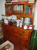 Ethan Allen hard rock maple hutch and collection of cookbooks