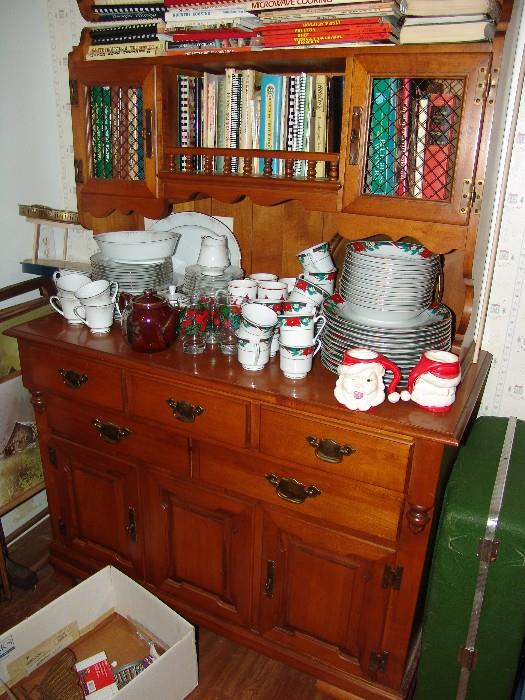 Ethan Allen hard rock maple hutch and collection of cookbooks