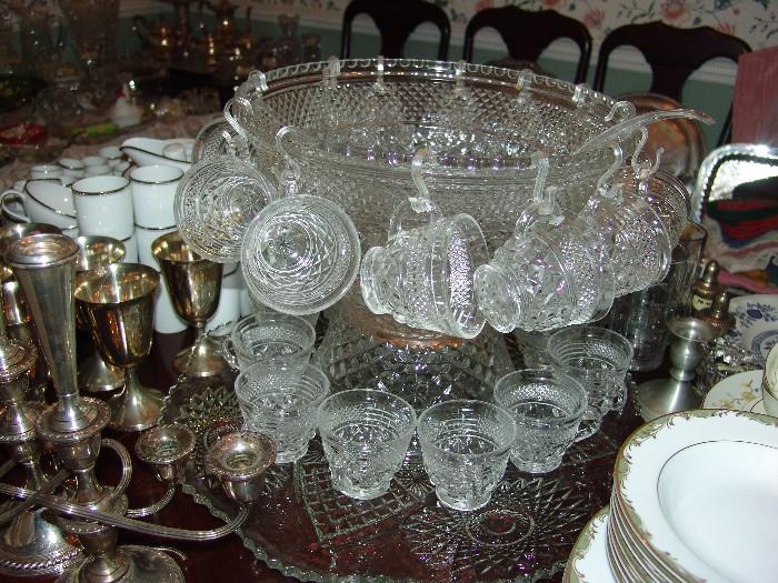Large glass punch bowl and cups