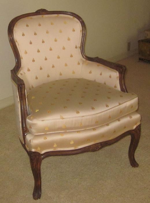 Bergere, upholstered in beautiful Napoleonic Bee pattern fabric.  Made by Century Chair Company.