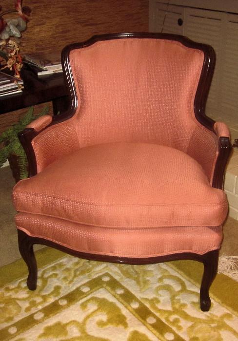 Bergere with dark wood. Chair made by Hickory Furniture.