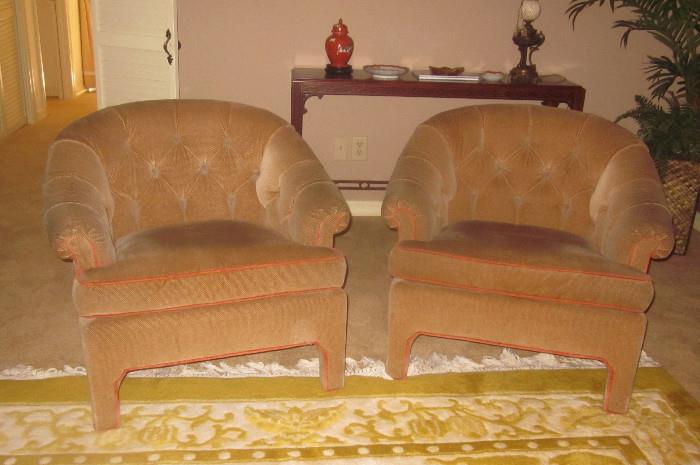 Chinese Chippendale chairs. Camel-colored fabric with tangerine accent piping, which were custom ordered to coordinate with sofa in previous photo. Chairs are made by Heirloom Furniture in Highpoint, N.C.