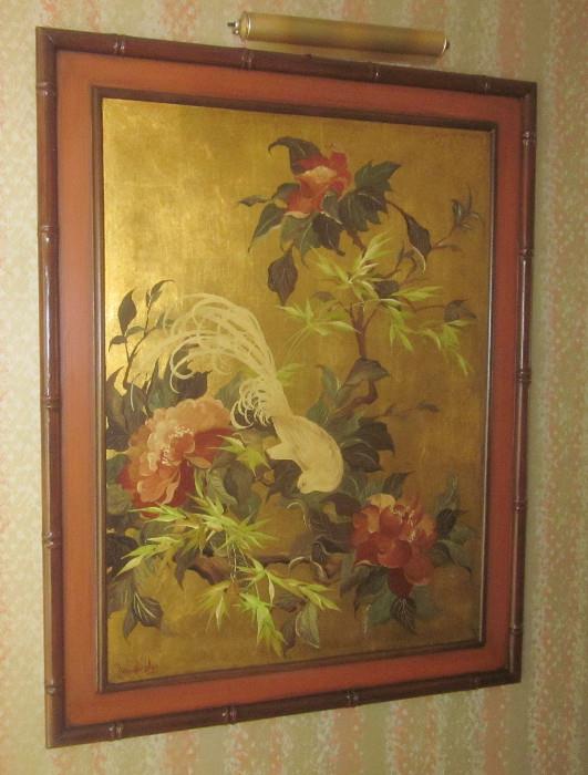Oil painting of bird on branch with blossoms. Signed Lucien Leinfelder and dated 1976. Framed dimensions: 20" w; 64" h.