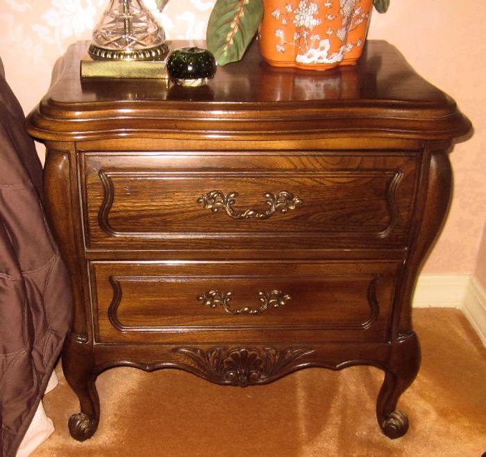 French, Bombe two-drawer night stand. Made by Hickory Furniture.