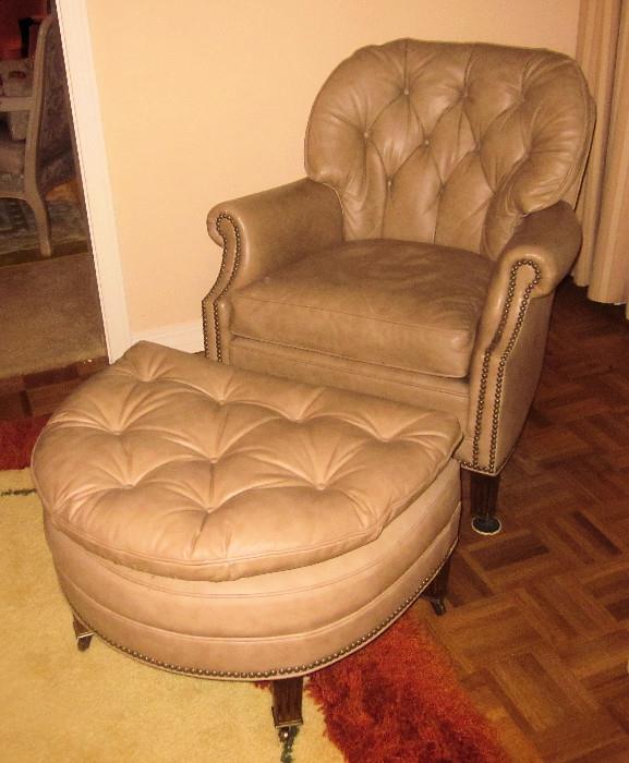Leather arm chair and ottoman; Hand crafted chair made by Hancock & Moore.