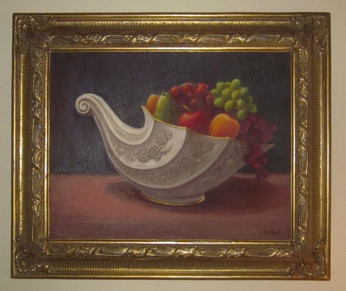 Still life of fruit in a porcelain cornucopia by M. A. Lee. Framed dimensions: 18" w; 15" h.