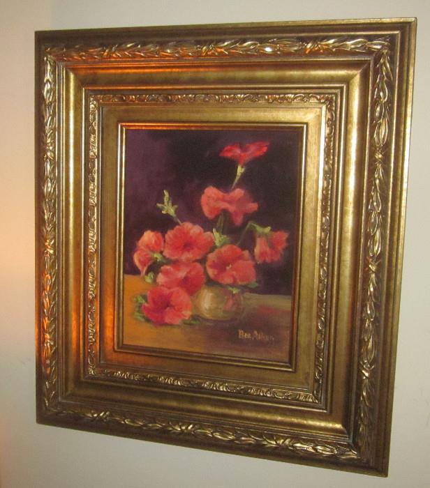 Beautiful floral painting by Bee Aiken. Framed dimensions: 16" w; 18" h.