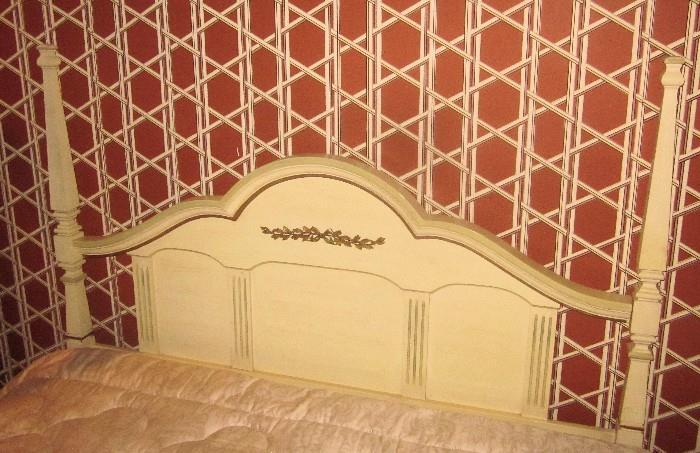 Ivory colored headboard with applied metal ormolu styled garland; Painted finish. Bed is queen-sized and includes the metal bed frame. This is in the same bedroom and coordinates with the Oriental-style dresser and mirror in the previous photo.