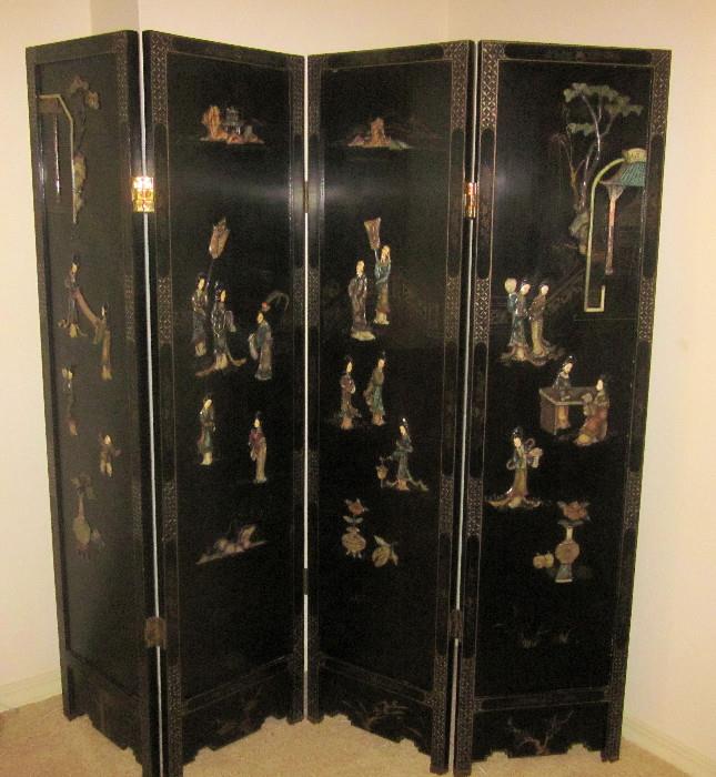 Exquisite, four-panel,  Oriental screen with hand-decorated, inlaid jade. Other side has hand-painted decoration. 72" w; 72" h. 